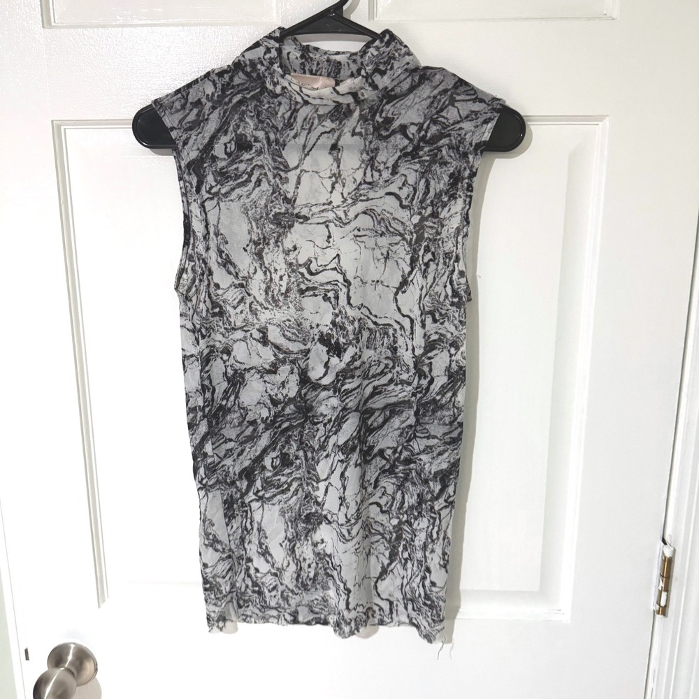 Willow + Root Womens Large Black White Marble Print Mesh Mock Neck Tank Top